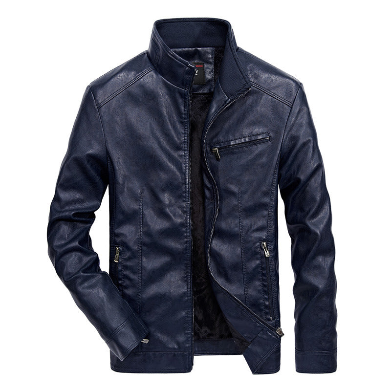 Herren Slim-Fit Kunstleder-Motojacke mit Stehkragen, Reißverschluss-Taschen und verstärkter Nahtführung Shop Nory