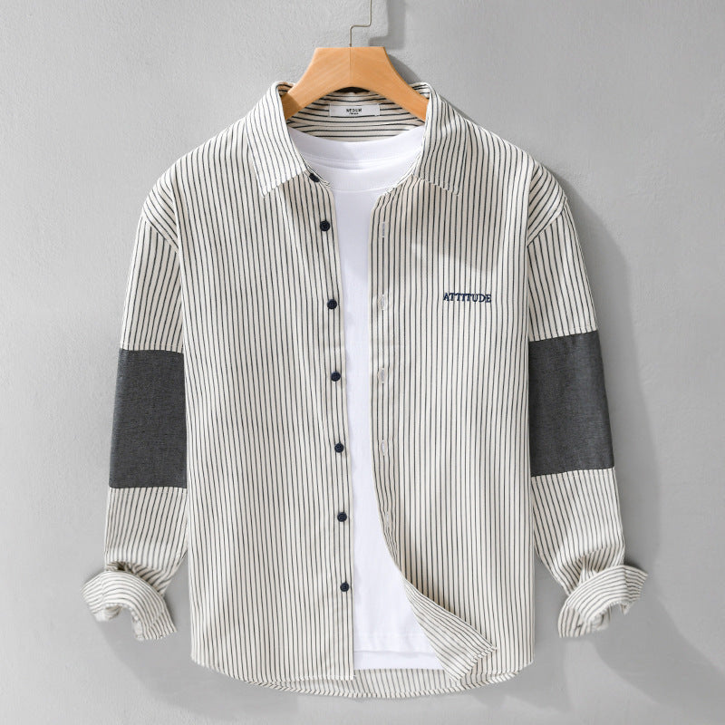 Herren Langarm-Hemd mit feinen Nadelstreifen, Kontrast-Ellbogen und gerundetem Saum Shop Nory