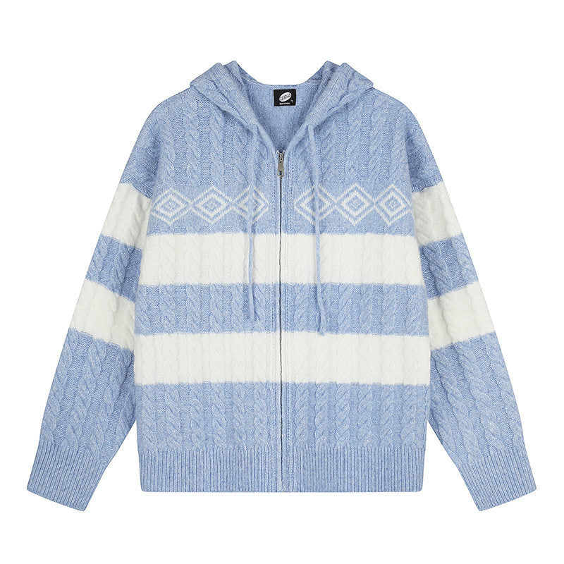 Damen Grobstrick-Kapuzencardigan mit Zopfstrick, Blockstreifen und durchgehendem Reißverschluss Shop Nory