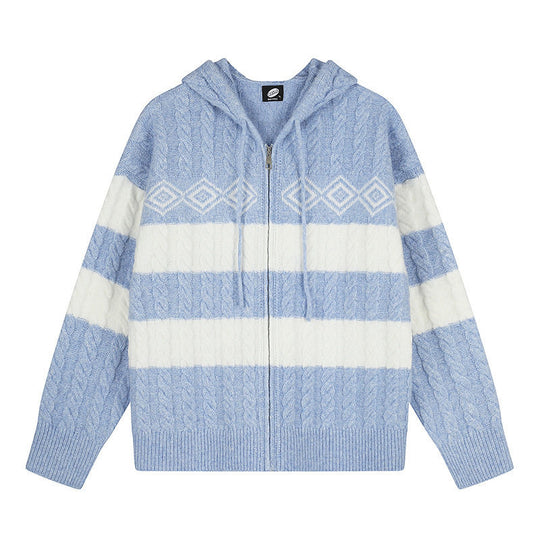 Damen Grobstrick-Kapuzencardigan mit Zopfstrick, Blockstreifen und durchgehendem Reißverschluss Shop Nory