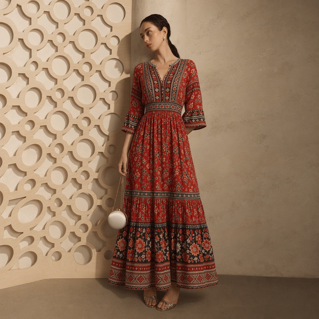 Damen langes Boho-Maxi-Kleid mit V-Ausschnitt geraffter Taille und mehrlagigem Stufenrock Shop Nory