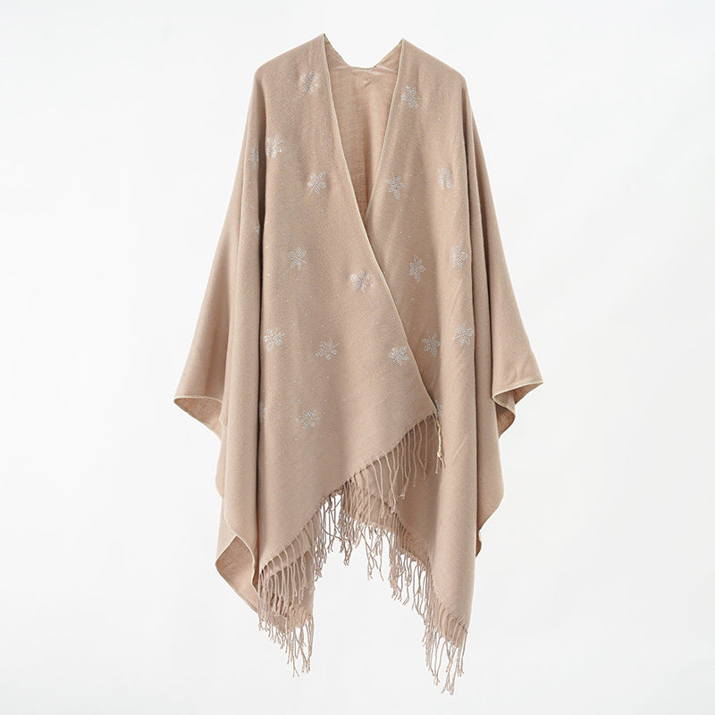 Damen bestickter Fransenponcho im Cape‑Stil aus Wollmix Shop Nory