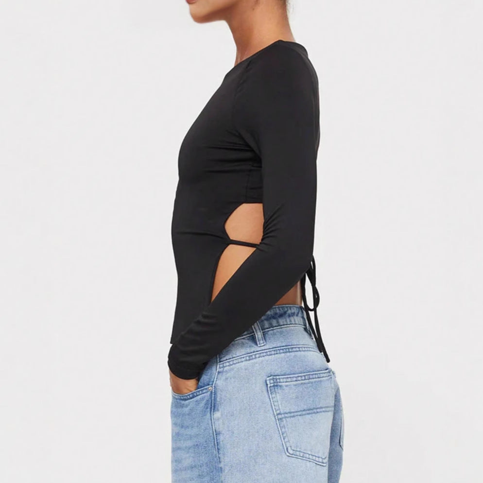 Damen kurzes Wickel-Crop-Top mit Rückenschnürung und langen Ärmeln Shop Nory