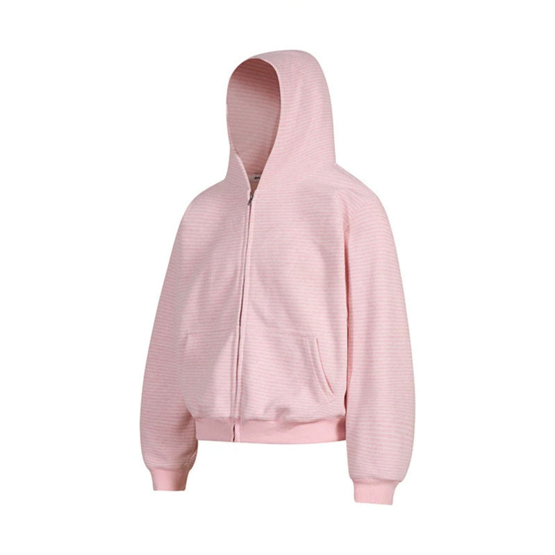 Damen Kurz geschnittene Kapuzen-Sweatjacke mit kurzem Bund, Streifenstruktur und Reißverschluss Shop Nory