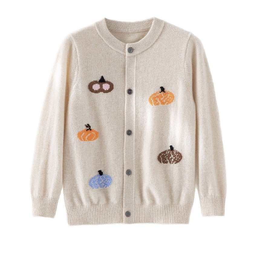 Damen Strickjacke mit Intarsia-Kürbismotiven, Rundhalsausschnitt und Knopfleiste Shop Nory