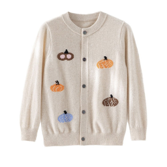 Damen Strickjacke mit Intarsia-Kürbismotiven, Rundhalsausschnitt und Knopfleiste Shop Nory