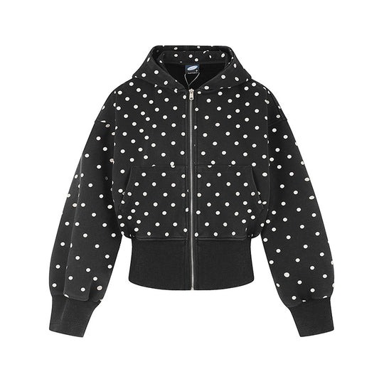 Damen Kurze Kapuzen-Sweatjacke mit durchgehendem Reißverschluss, gepunktetem Allover und breitem Rippbund Shop Nory