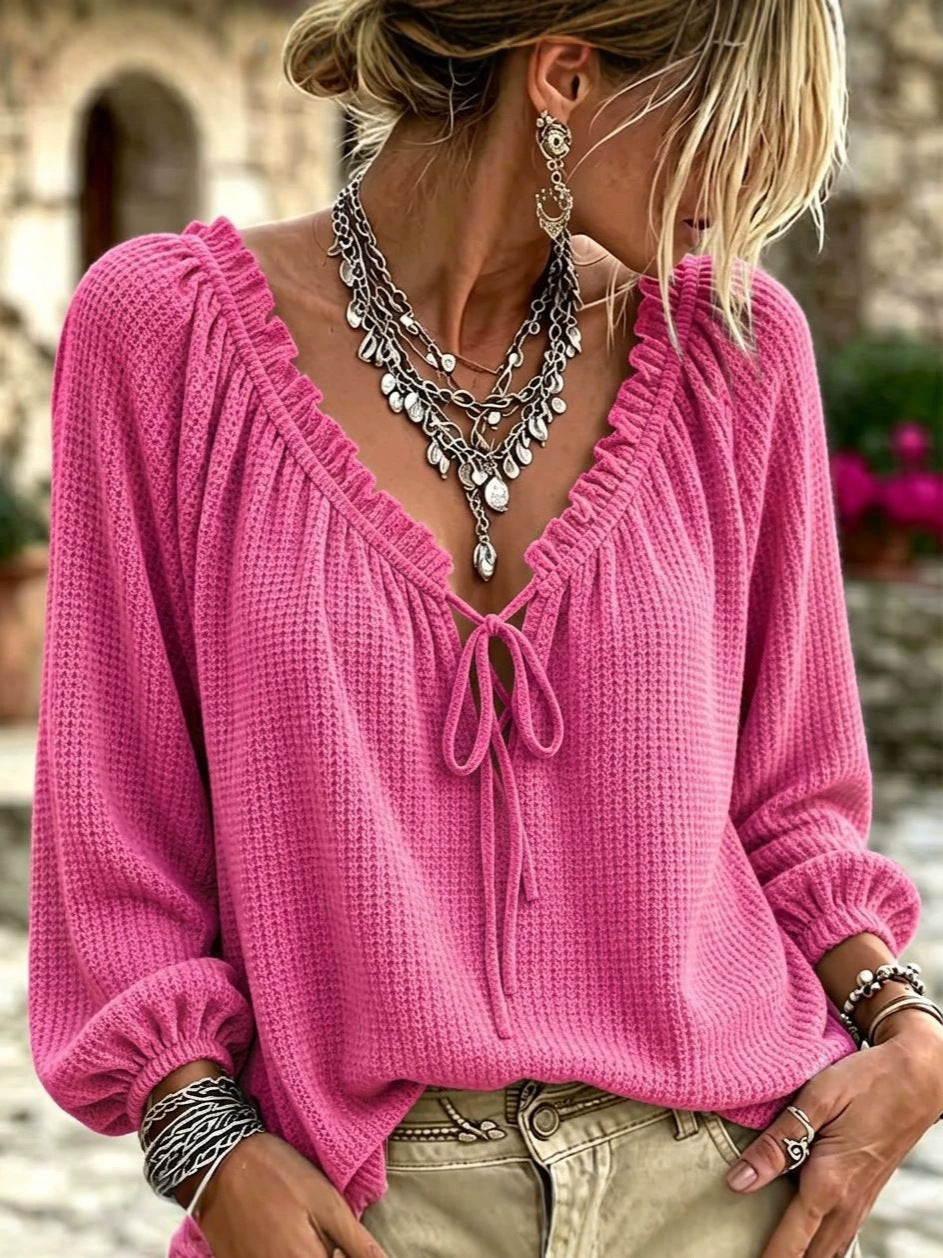Damen Waffelstrick-Longsleeve mit tiefem V-Ausschnitt, Rüschenblende und Kordelzug Shop Nory