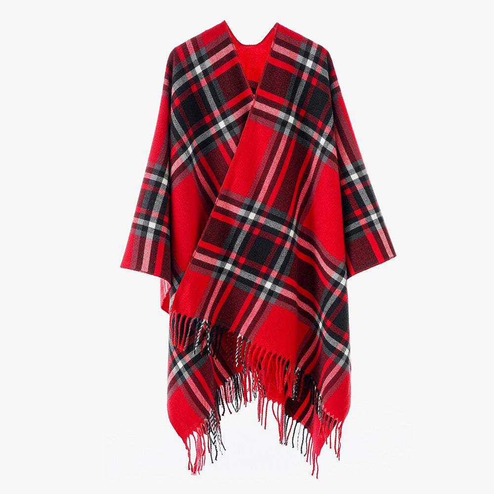 Damen Karierter Oversize-Überwurfponcho mit V-Ausschnitt und Fransensaum Shop Nory