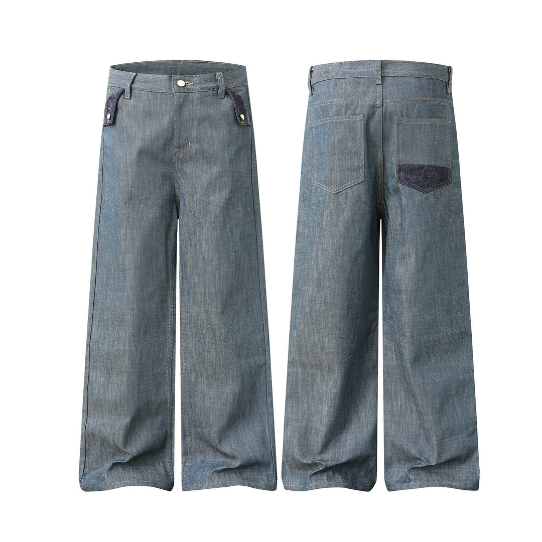 Damen Hochtaillierte weite Jeanshose mit dekorativen Pattentaschen und geradem Bein Shop Nory