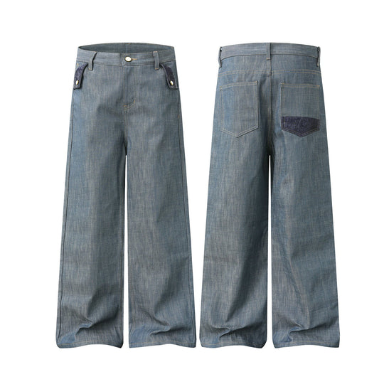 Damen Hochtaillierte weite Jeanshose mit dekorativen Pattentaschen und geradem Bein Shop Nory