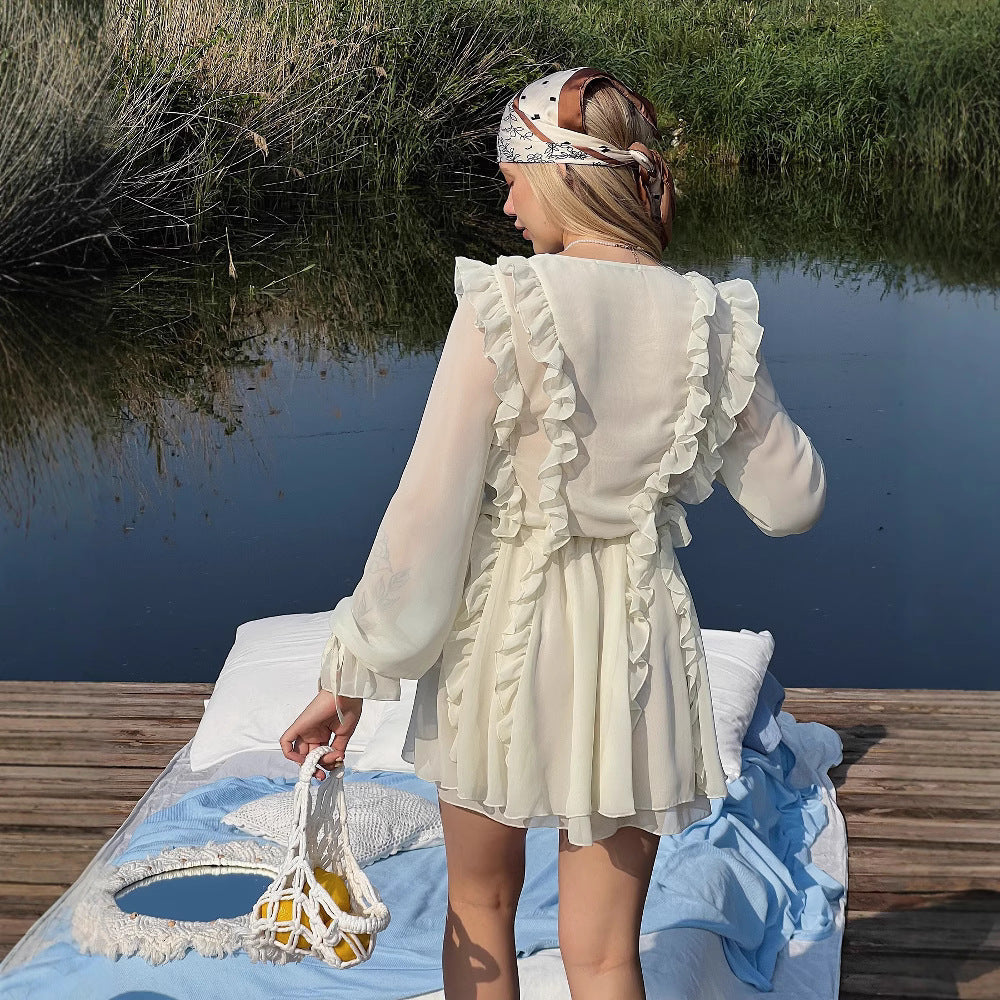 Damen Romantisches Chiffon-Minikleid mit Volants und Schnürdetail Shop Nory