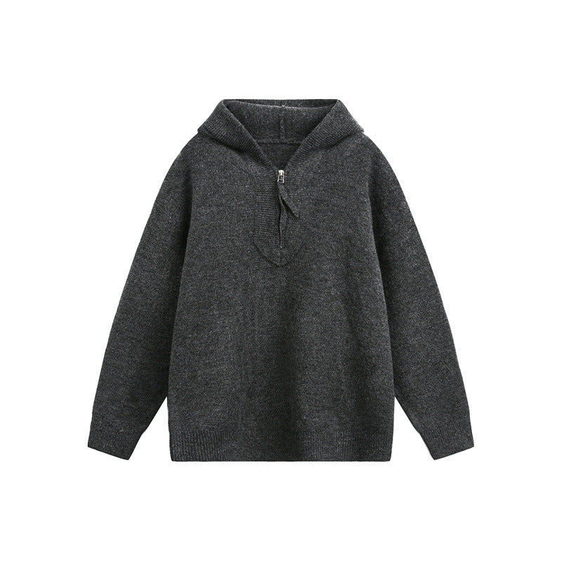 Unisex Grobgestrickter Kapuzenpullover mit halbem Reißverschluss und Boxy‑Schnitt Shop Nory