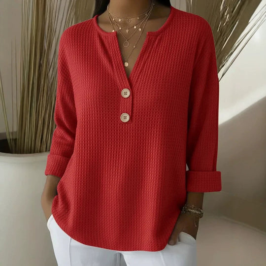 Damen nan Waffelstruktur Henley-Shirt mit V-Ausschnitt kurze Knopfleiste und krempelbaren 3/4-Ärmeln Shop Nory