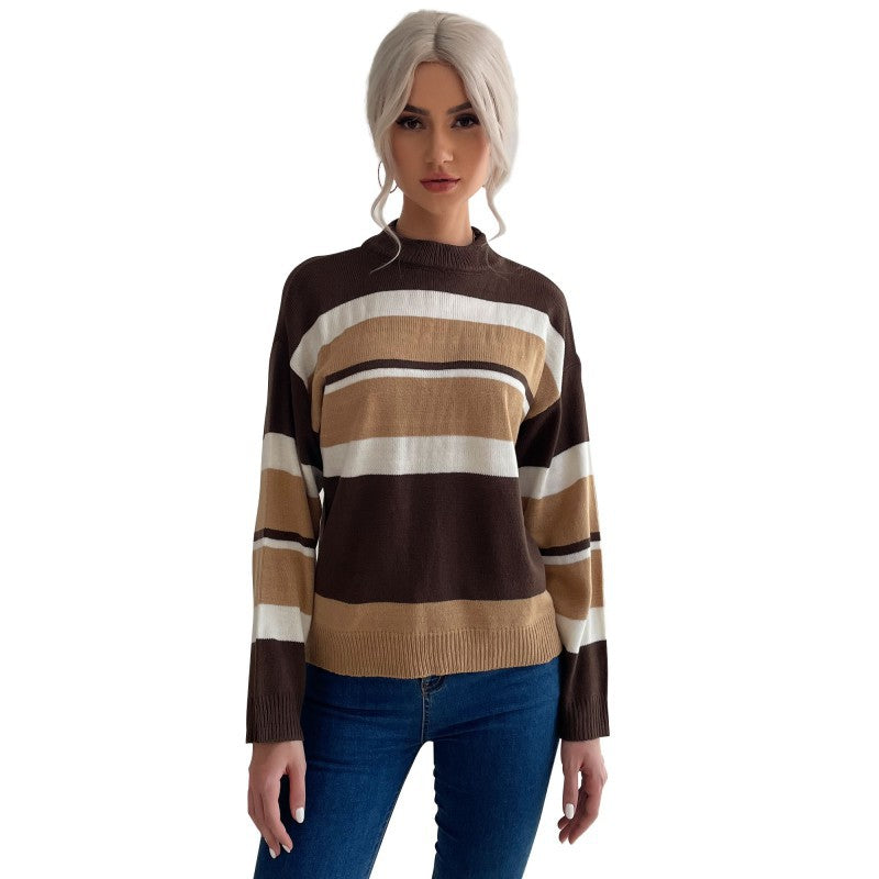 Damen Langärmliger Ringel-Feinstrickpullover mit kurzem Stehkragen und legerer Silhouette Shop Nory