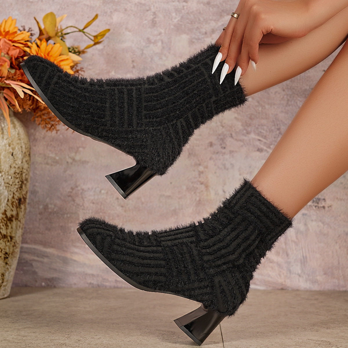 Damen Elegante Mid-Chunky-Stiefeletten mit strukturiertem Obermaterial Shopnory