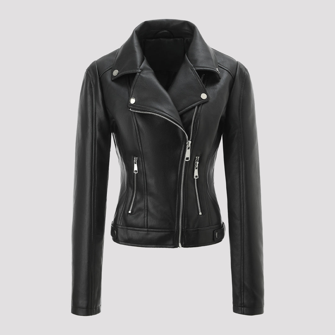 Damen Kurz geschnittene taillierte Bikerjacke aus Nappaleder mit asymmetrischem Reißverschluss Shop Nory