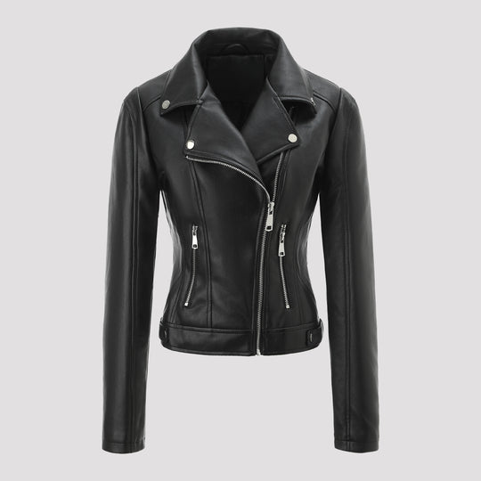 Damen Kurz geschnittene taillierte Bikerjacke aus Nappaleder mit asymmetrischem Reißverschluss Shop Nory
