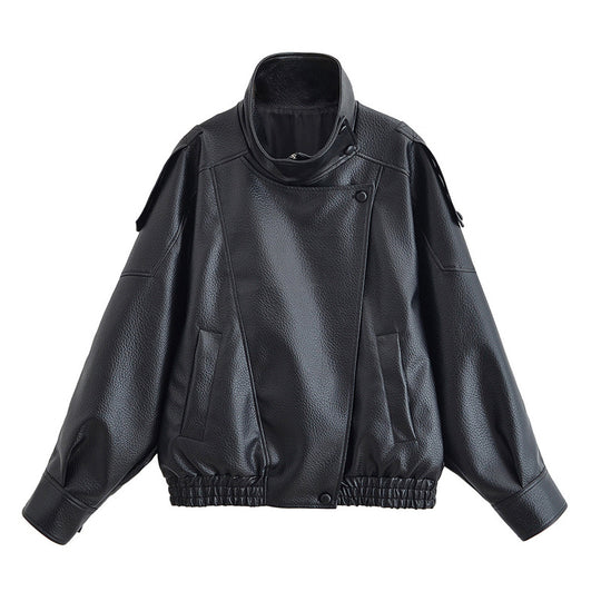 Damen Oversize Bikerjacke aus Kunstleder mit Stehkragen und Schulterklappen Shop Nory