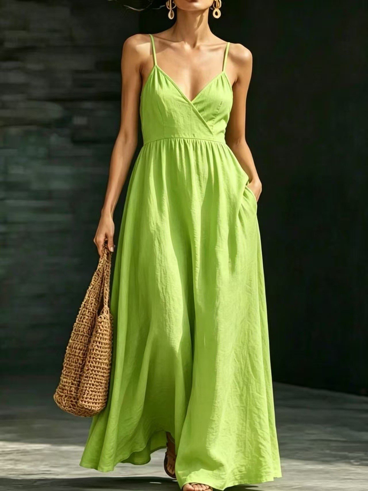 Damen Sommerkleid Midikleid Spaghettiträger V-Ausschnitt