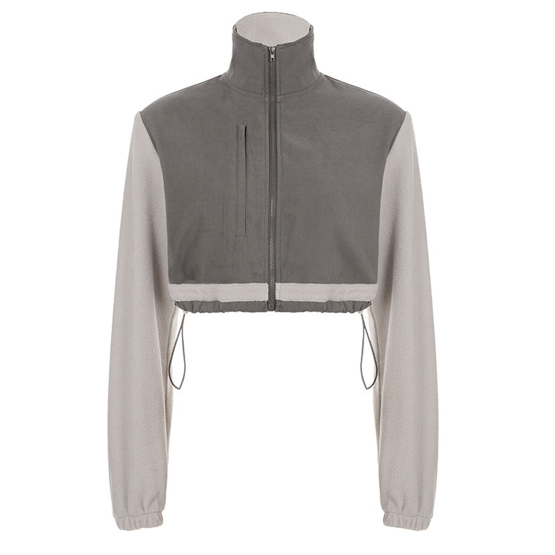 Damen nan kurzes Fleece-Zipjacke mit Stehkragen, Tunnelzugsaum und Brusttasche Shop Nory