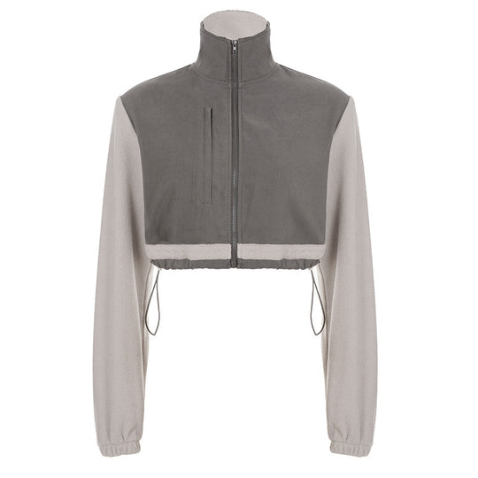 Damen nan kurzes Fleece-Zipjacke mit Stehkragen, Tunnelzugsaum und Brusttasche Shop Nory