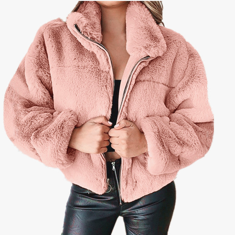 Damen nan kurze kuschelige Kunstpelzjacke mit Stehkragen und Reißverschluss Shop Nory