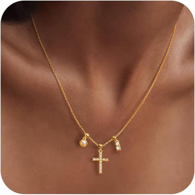 Damen Halskette mit kreuzförmigem Anhänger und funkelnden Kristallelementen Shop Nory