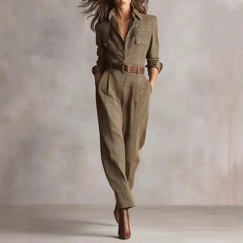 Damen kariertes tailliertes Overall mit Hemdkragen, Taillengürtel und Seitentaschen Shop Nory