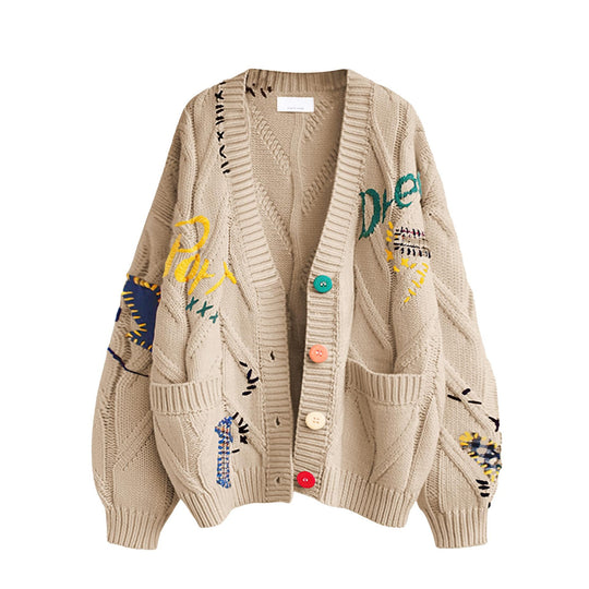 Damen Stylischer Strickcardigan mit bunten Knöpfen und aufwendigem Design