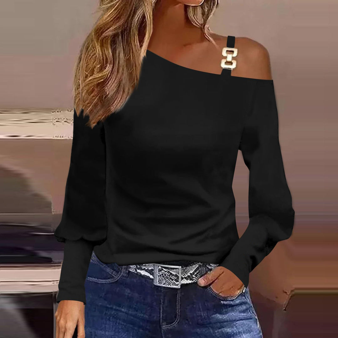 Damen Asymmetrisches Off-Shoulder Shirt mit Ziergurt und Ballonärmeln Shop Nory