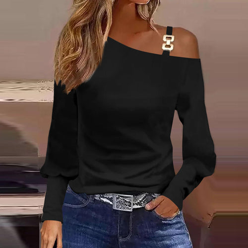 Damen Asymmetrisches Off-Shoulder Shirt mit Ziergurt und Ballonärmeln Shop Nory