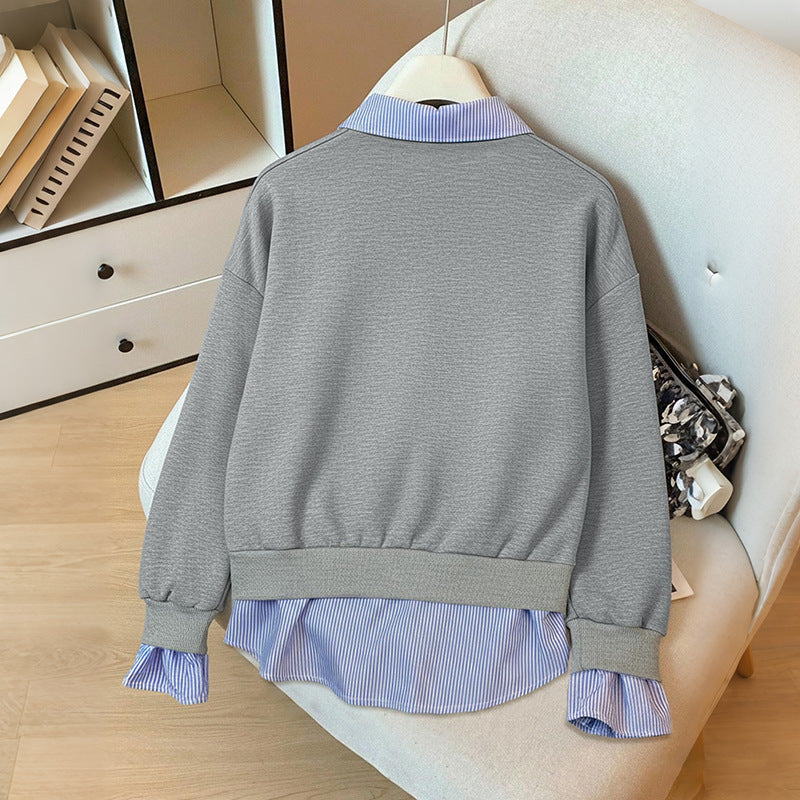 Damen Lagen-Look Sweatshirt mit eingearbeitetem Hemdsaum und Rüschenmanschetten Shop Nory
