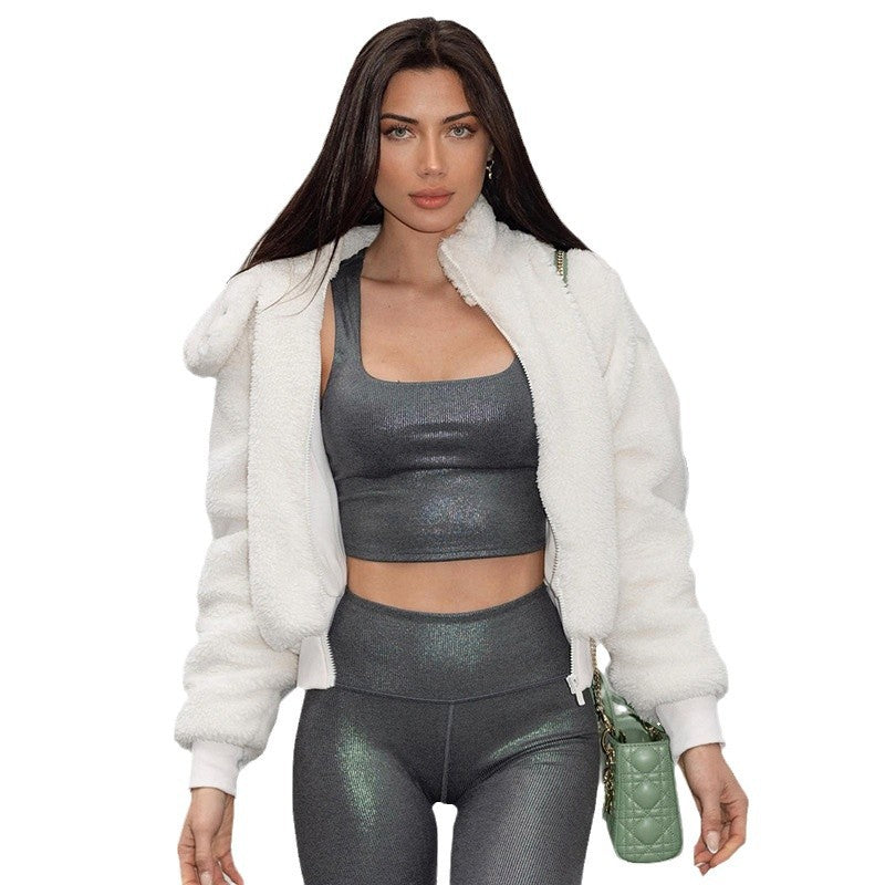 Damen nan gefütterte Teddy-Fleece-Hoodie-Jacke mit Kapuze, kurzem Schnitt und elastischem Rippenbund Shop Nory