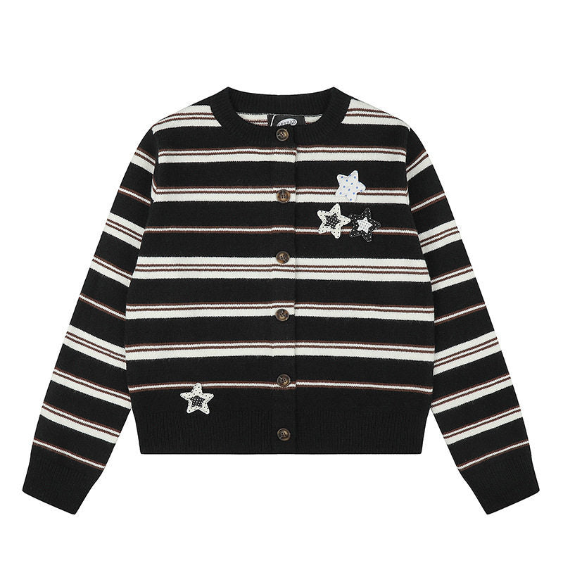 Damen Gestreifte Strick-Cardigan mit Knopfleiste und Stern-Applikationen Shop Nory