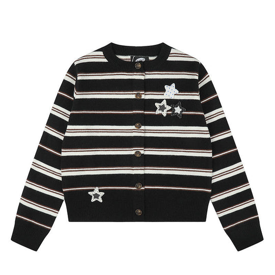 Damen Gestreifte Strick-Cardigan mit Knopfleiste und Stern-Applikationen Shop Nory