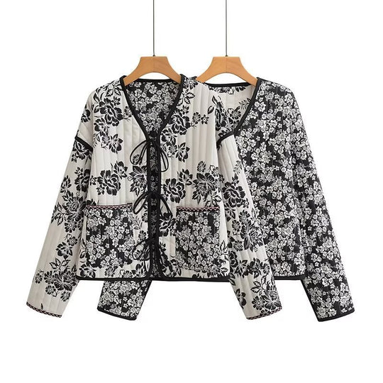 Damen Gestepptes Kurzblouson mit floralem Allover-Print und Bindeschleifen Shop Nory