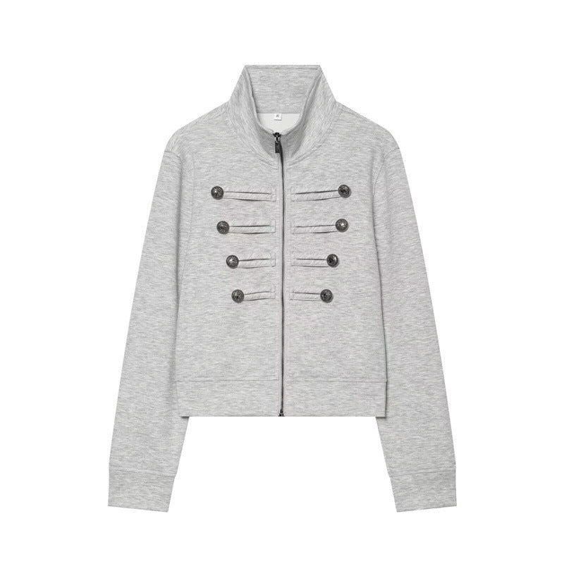 Damen Kurze Sweatjacke im Military-Stil mit Stehkragen und Zierknopfdetails Shop Nory