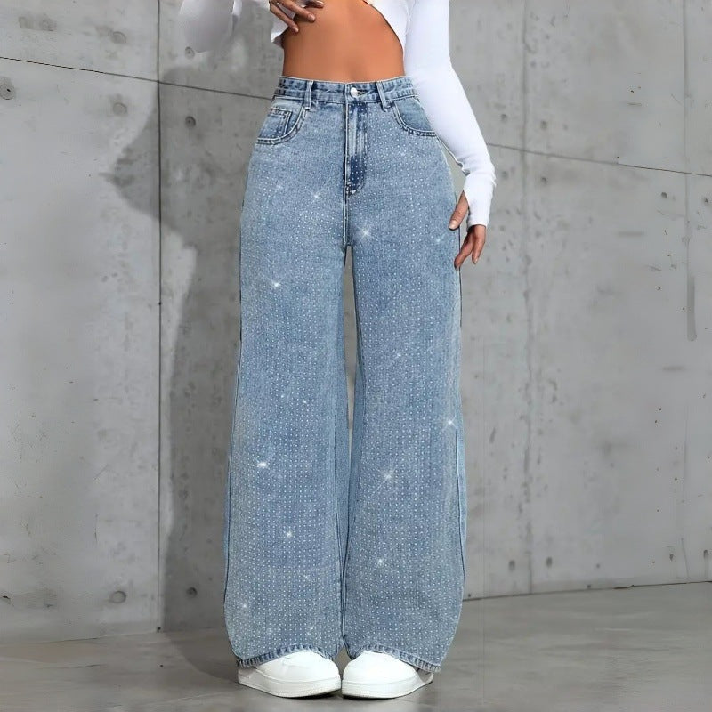 Damen Elegante High-Waist Jeans im weiten Schnitt mit glitzerndem Detail