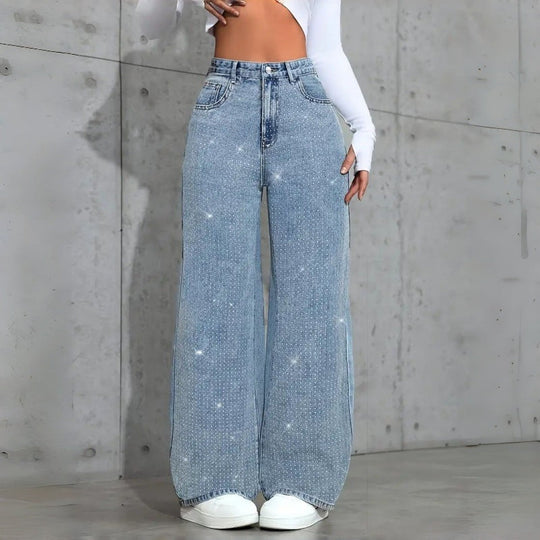 Damen Elegante High-Waist Jeans im weiten Schnitt mit glitzerndem Detail