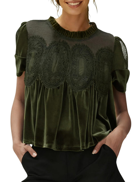Damen Samtbluse mit Spitzenbesatz, transparentem Einsatz und geraffter A-Linie Shop Nory