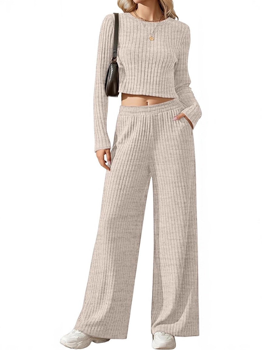 Damen Geripptes Feinstrick-Lounge-Set mit Cropped Langarmtop und High-Waist Palazzohose Shop Nory