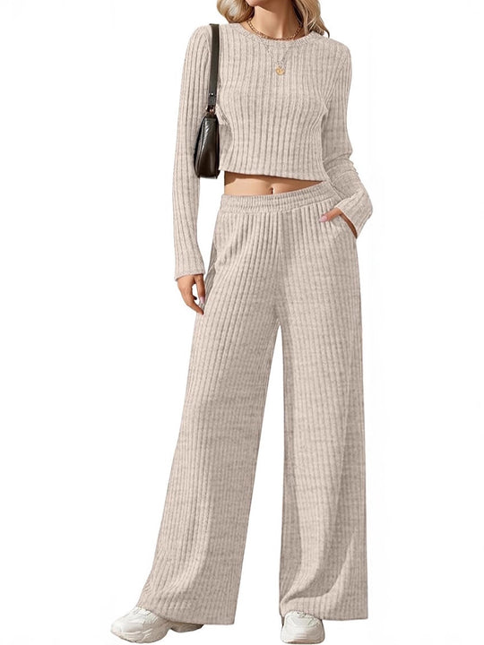 Damen Geripptes Feinstrick-Lounge-Set mit Cropped Langarmtop und High-Waist Palazzohose Shop Nory