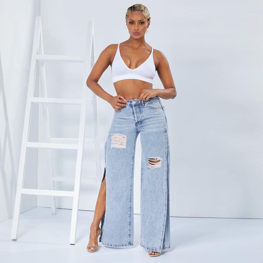 Damen Weite High‑Waist Denim‑Jeans mit hohen Seitenschlitzen und Destroyed‑Details Shop Nory