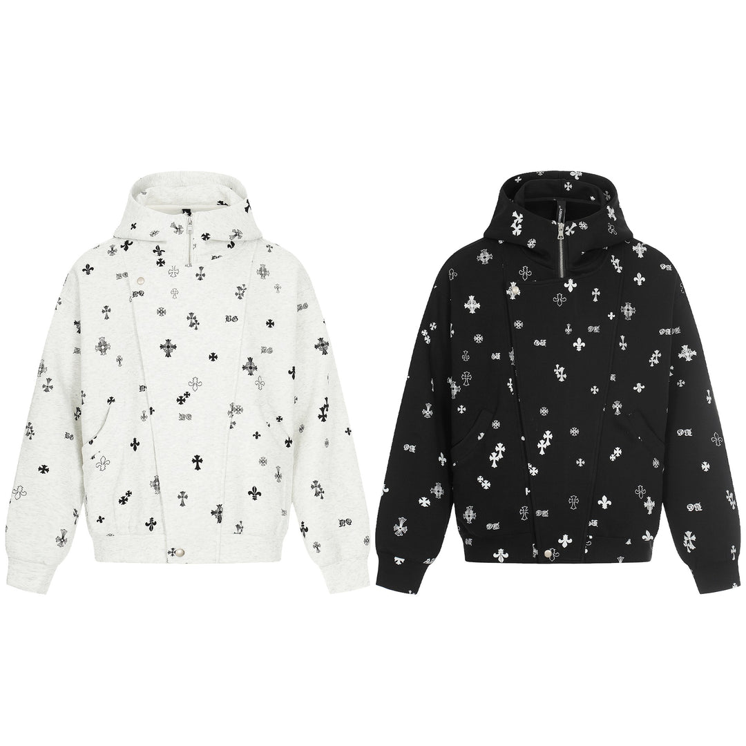 Unisex Boxy-Kapuzenjacke mit halbem Reißverschluss und Allover-Print Shop Nory
