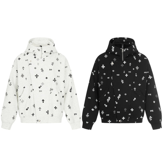 Unisex Boxy-Kapuzenjacke mit halbem Reißverschluss und Allover-Print Shop Nory