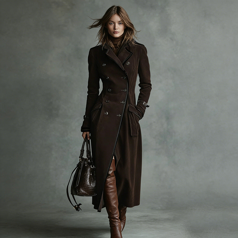 Damen Langer Taillierter Trenchcoat aus Veloursleder‑Optik mit doppelreihiger Knopfleiste und Schnallenmanschetten Shop Nory