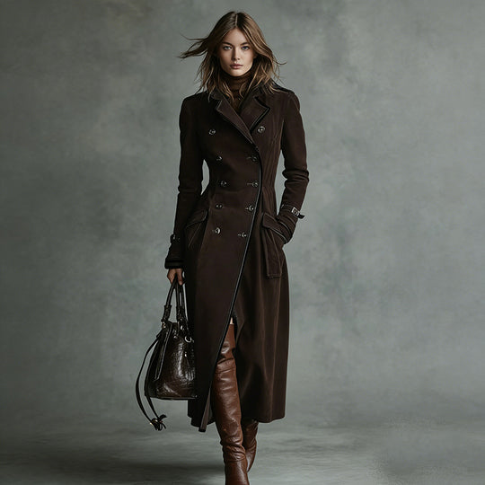 Damen Langer Taillierter Trenchcoat aus Veloursleder‑Optik mit doppelreihiger Knopfleiste und Schnallenmanschetten Shop Nory