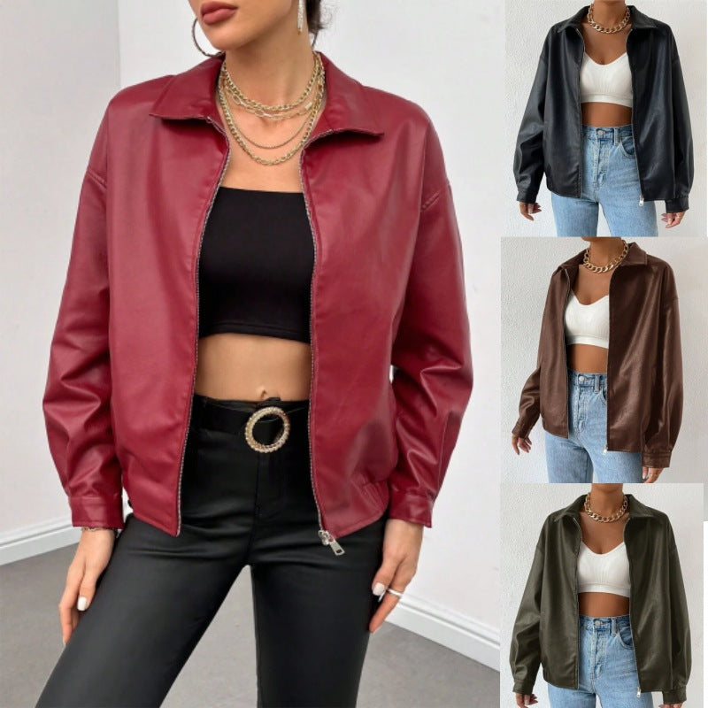 Damen Oversized Kunstleder-Blouson mit Reißverschluss und Hemdkragen Shop Nory