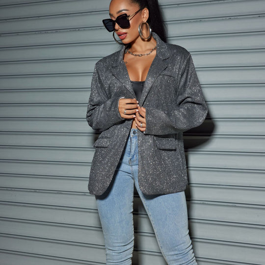 Damen Glitzernder Oversize-Blazer mit Pattentaschen & schimmernder Struktur Shop Nory